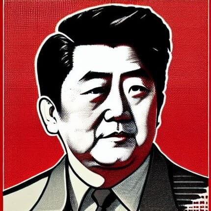 Imagem gerada por inteligência artificial do ex-primeiro-ministro do Japão no estilo de poster soviético
