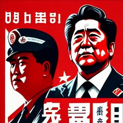 Imagem gerada por inteligência artificial do ex-primeiro-ministro do Japão no estilo de poster soviético