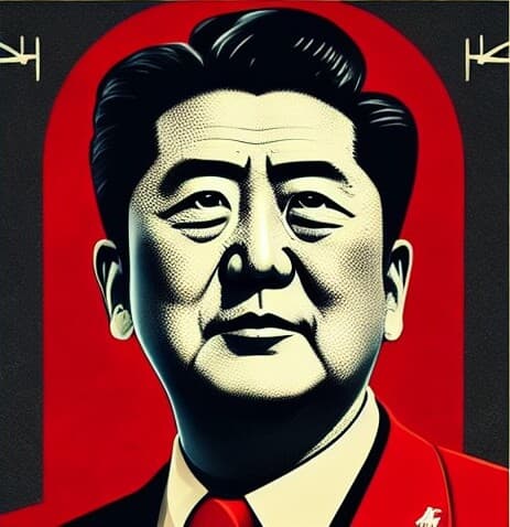Imagem gerada por inteligência artificial do ex-primeiro-ministro do Japão no estilo de poster soviético