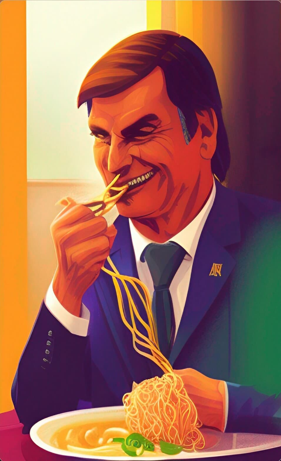 Imagem gerada por inteligência artificial do genocida comendo macarrão instantâneo